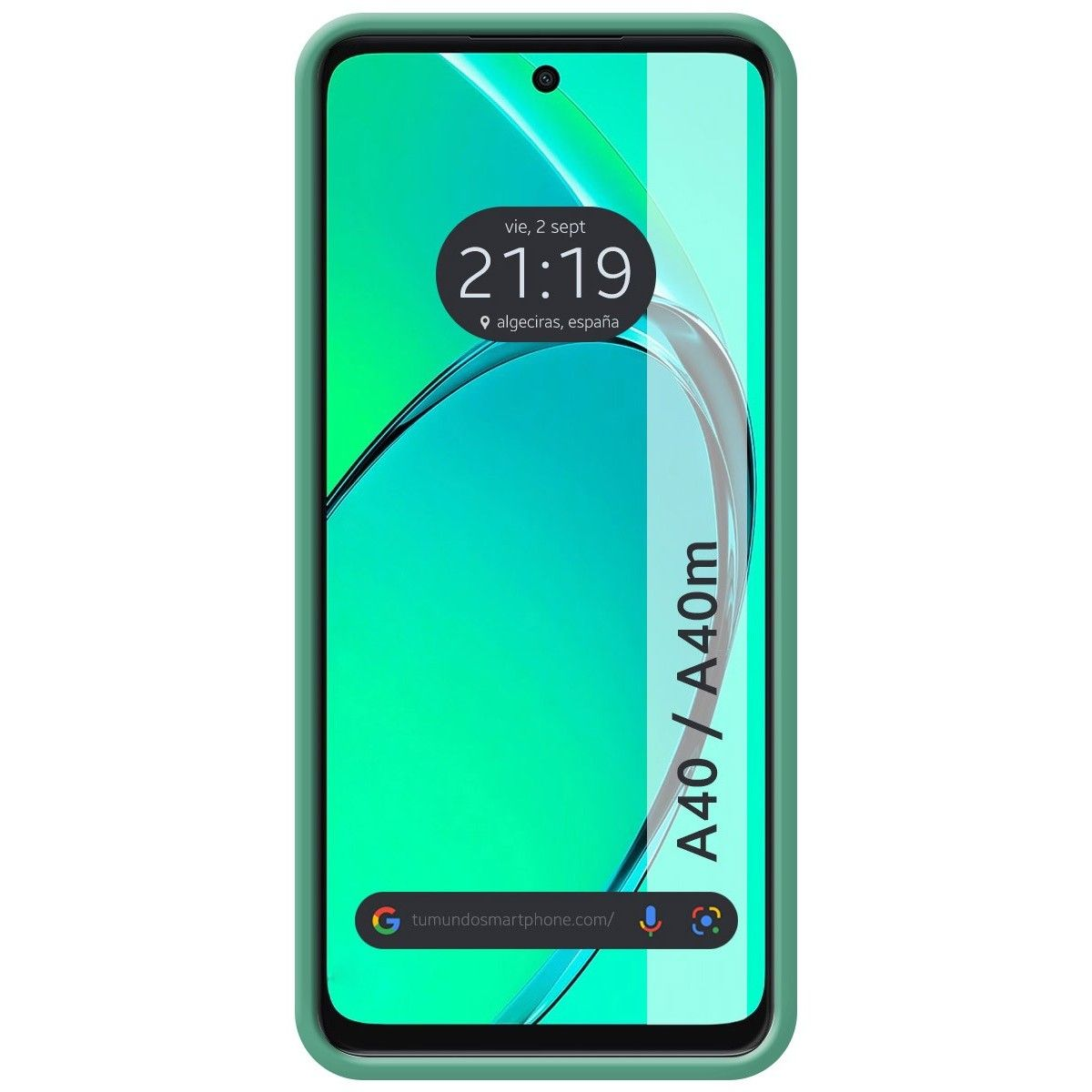 Custodia per telefono con design verde e un telefono con schermo verde, che mostra l'ora.