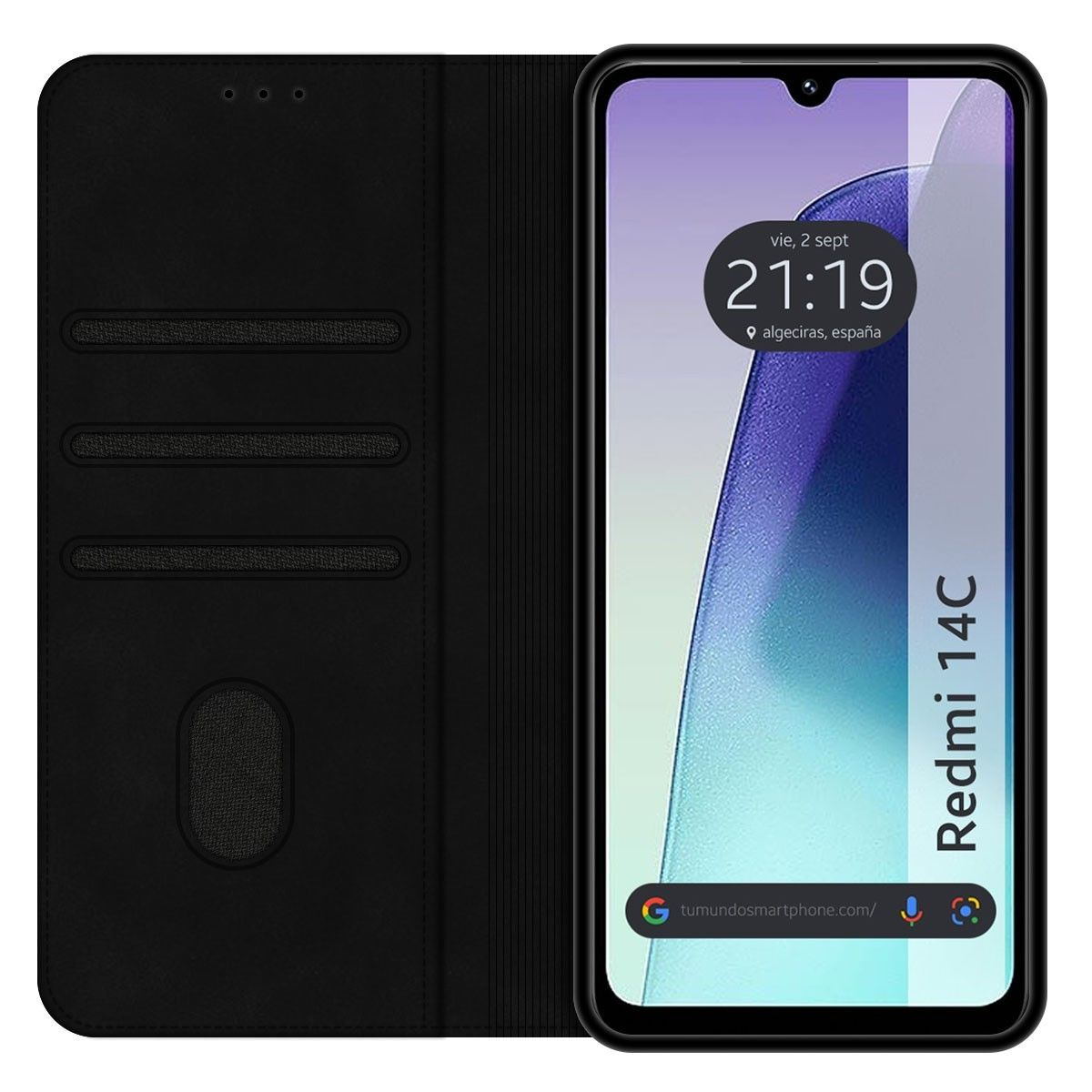 Custodia per telefono nera con coperchio aperto. Lo schermo del telefono mostra ora, data e posizione. Testo Redmi 14C.