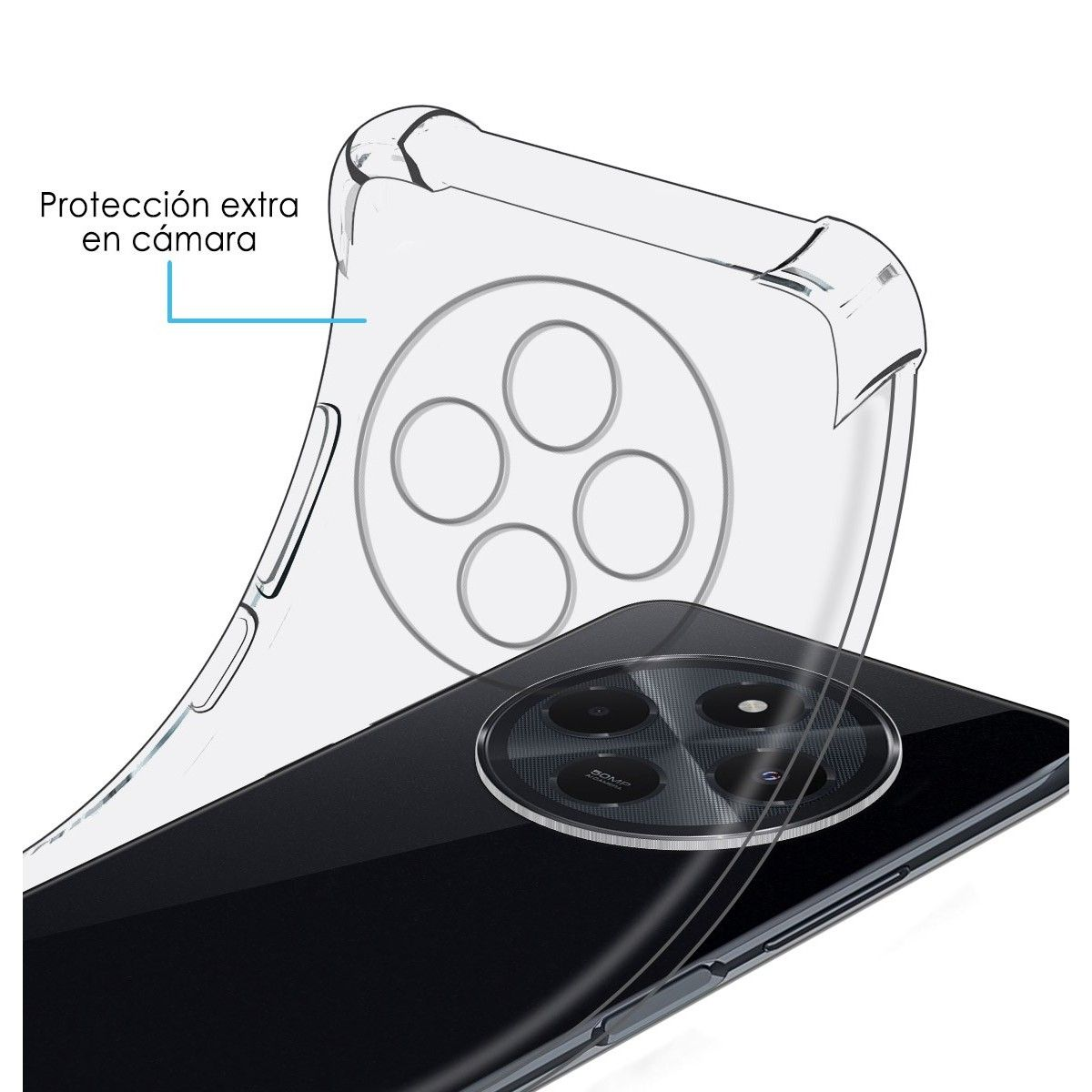Una custodia trasparente su un telefono nero, evidenziando l'area della fotocamera.