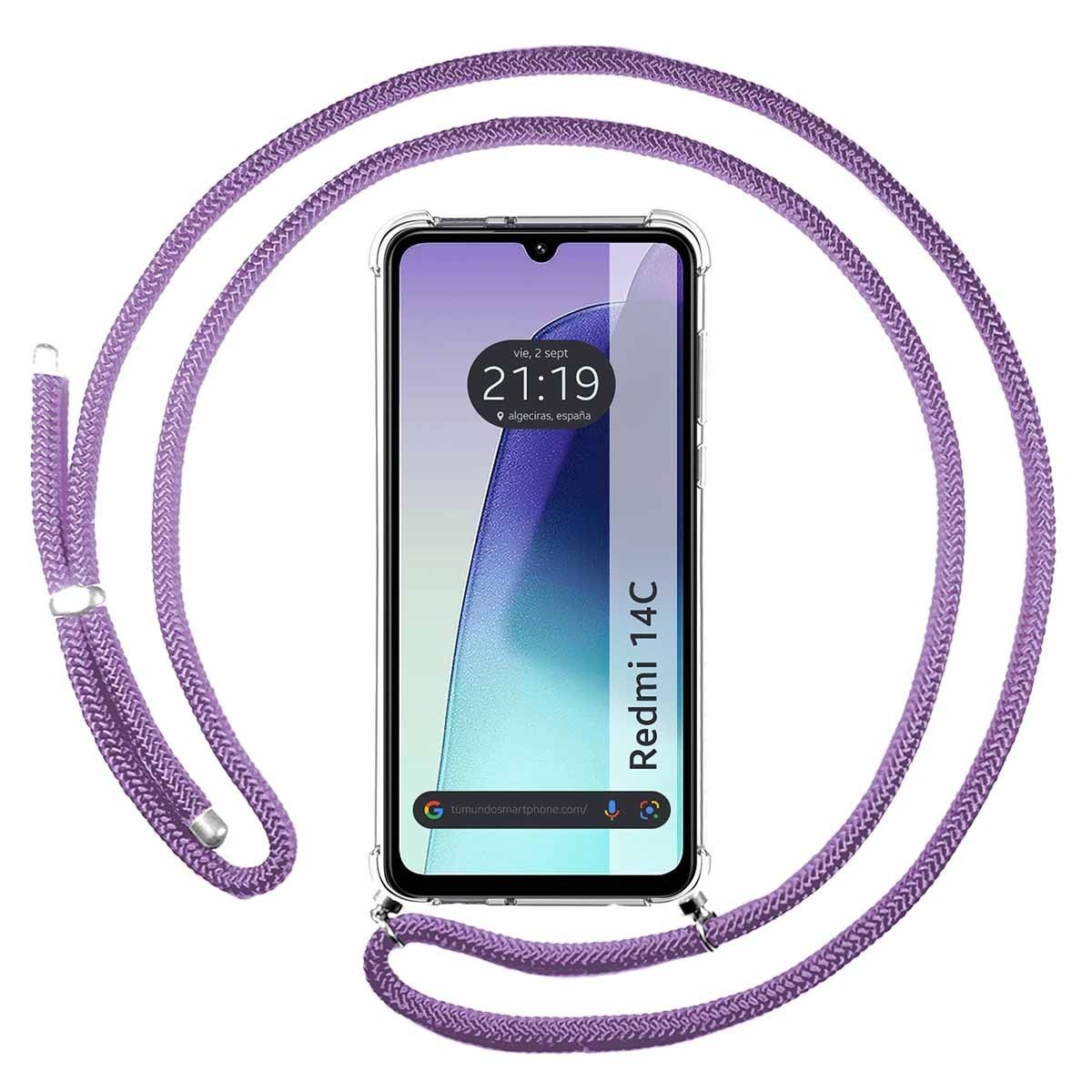 Smartphone con un cordino viola. Il telefono ha uno schermo che mostra data/ora e un design a forma di acqua.