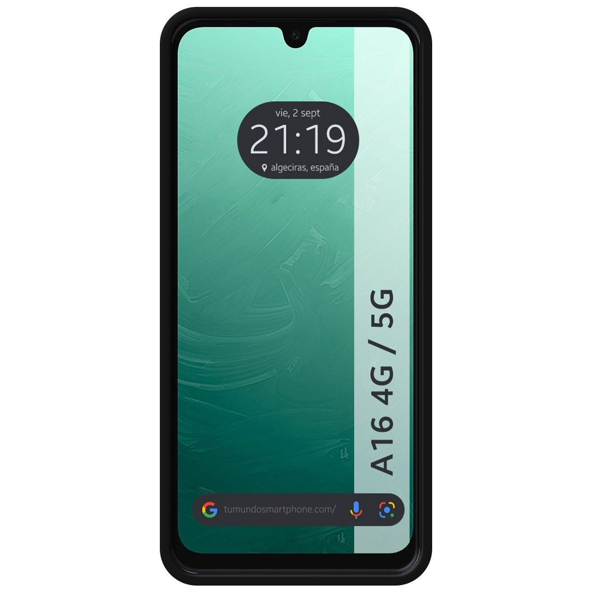 Schermo del telefono che mostra data e ora: 21:19, Algeciras, Spagna e A16 4G/5G.
