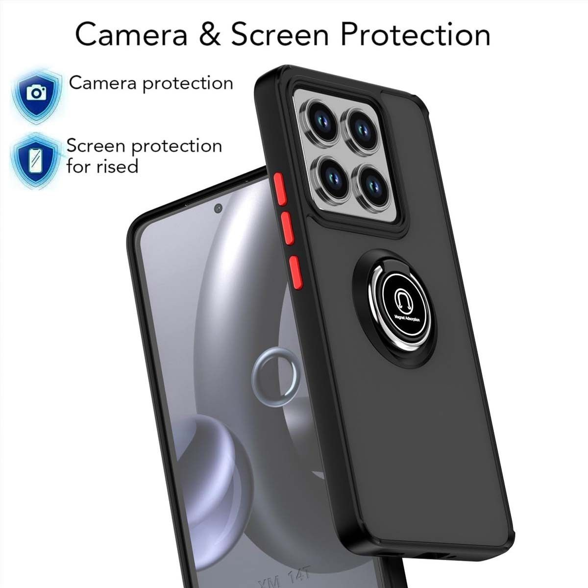 Custodia nera per telefono con pulsanti rossi, porta anello. Testo: Protezione fotocamera e schermo, Protezione fotocamera, Protezione schermo per rialzato.