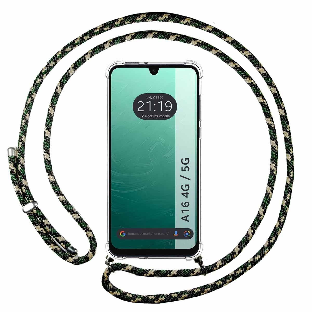 Telefono con cinturino, verde e nero. Il telefono a destra mostra l'ora e il luogo.