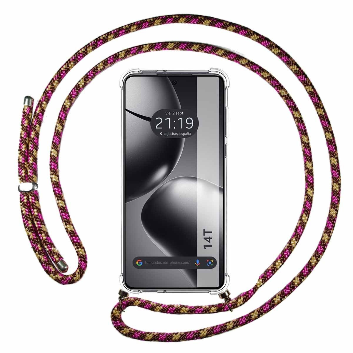 Telefono con cinturino. Il cinturino è rosa, marrone e giallo. Lo schermo mostra l'ora.