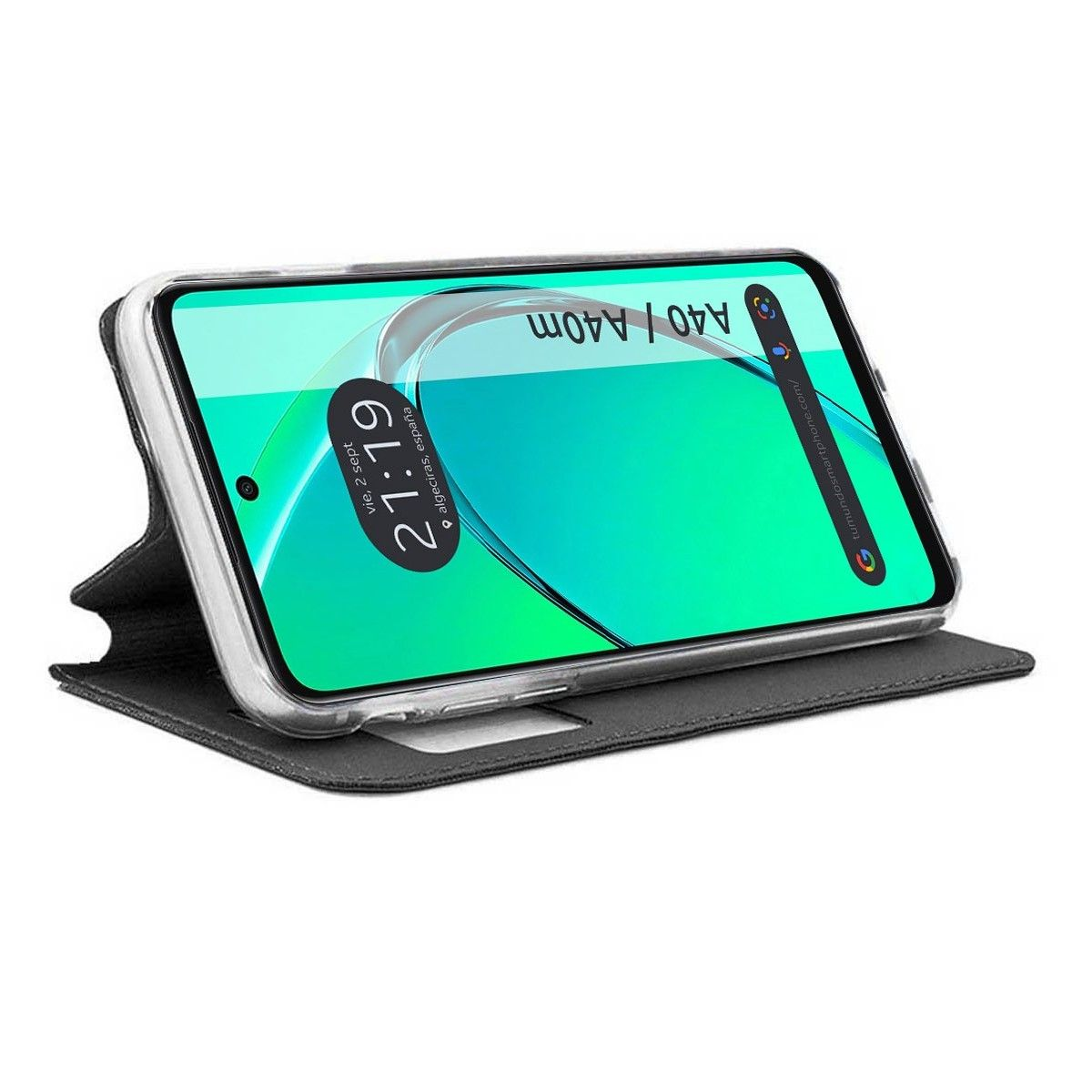 Telefono su una custodia a forma di libro che mostra un display con l'ora.