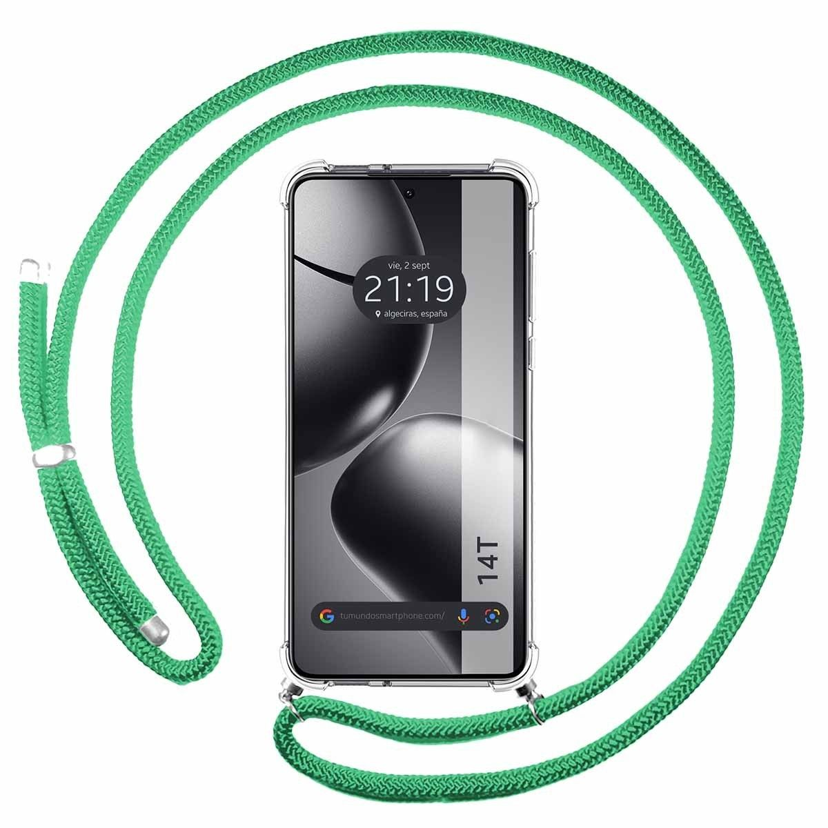 Telefono con cordino verde. Lo schermo mostra ora e luogo. Testo 14T a destra.