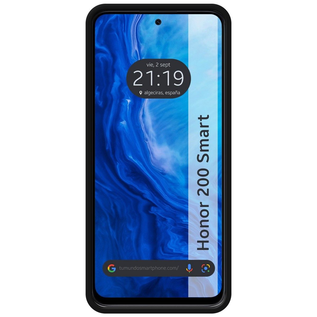 Telefono su custodia nera con sfondo blu. Ora e data sullo schermo.