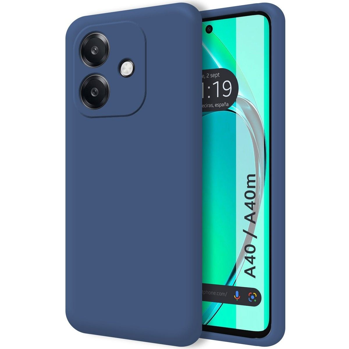 Custodia blu per telefono su un telefono che mostra uno schermo con testo: A40 / A40m e una data, e due obiettivi della fotocamera.