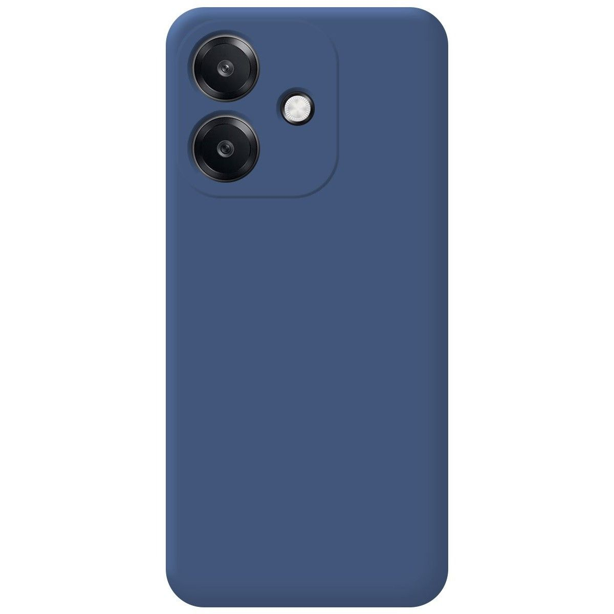 Custodia blu per telefono con due lenti e flash. La custodia è blu tinta unita e semplice. Il telefono è dentro.