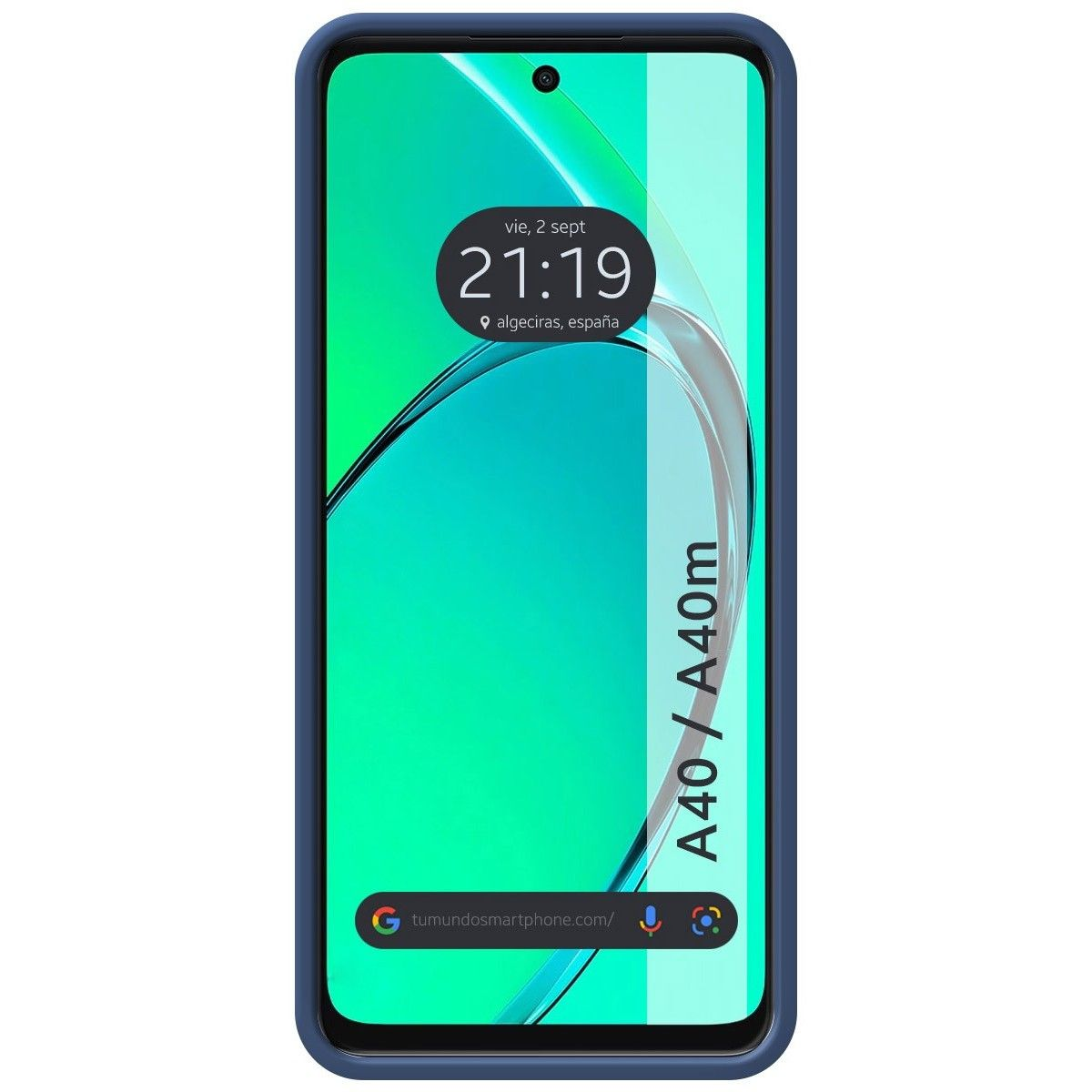 Smartphone con cornice blu e schermo con ora e data, sfondo verde.
