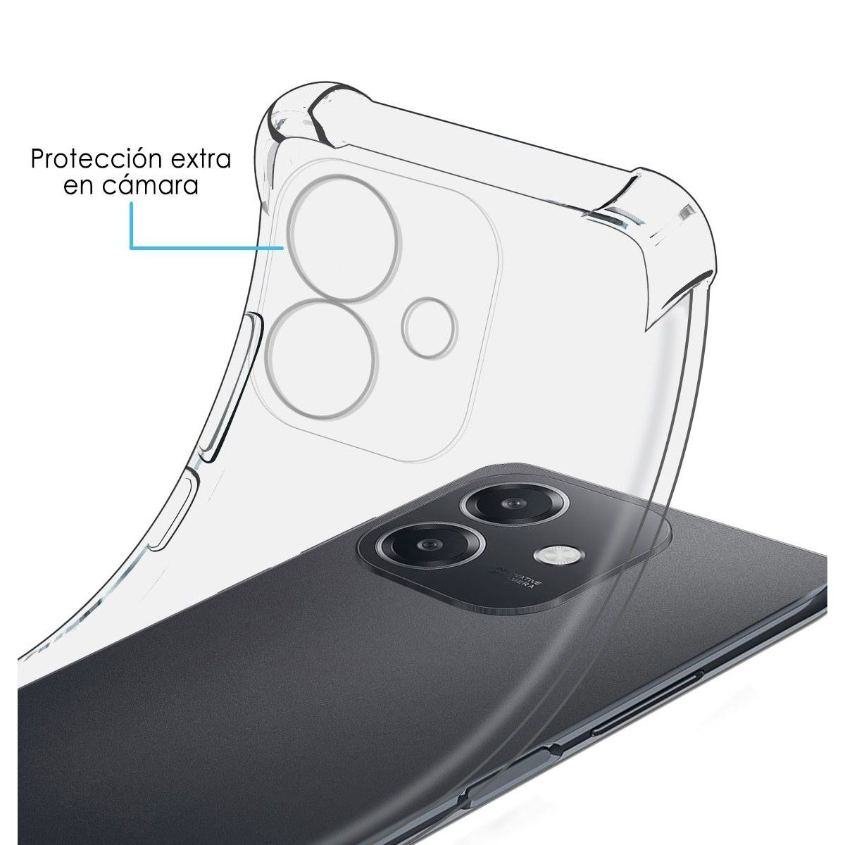 Una funda transparente sobre un teléfono negro, primer plano de la cámara.