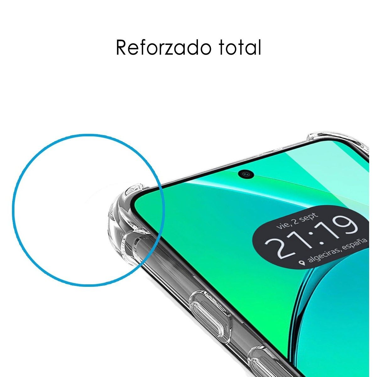 Primer plano de una esquina del teléfono con el texto 'Reforzado total' y un círculo azul.