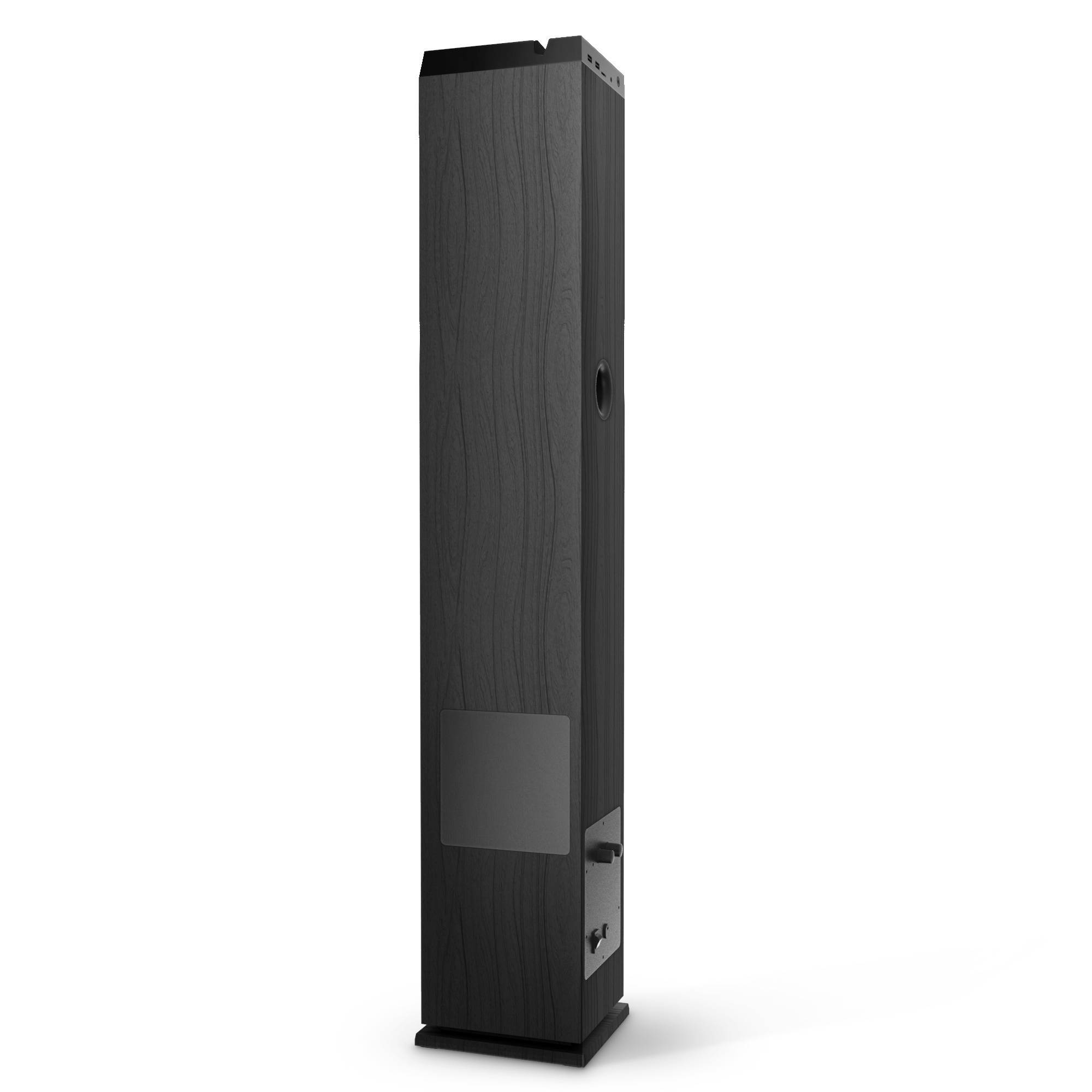Un altavoz negro y alto con textura de vetas de madera y un panel cuadrado pequeño.