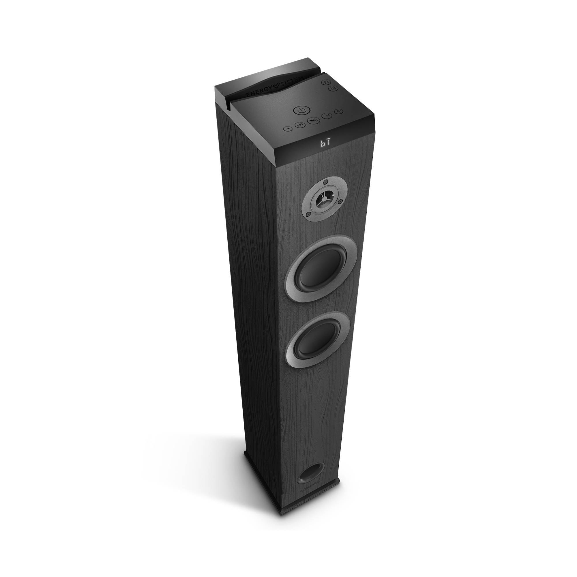 Altavoz negro alto con dos altavoces y un panel de control en la parte superior.