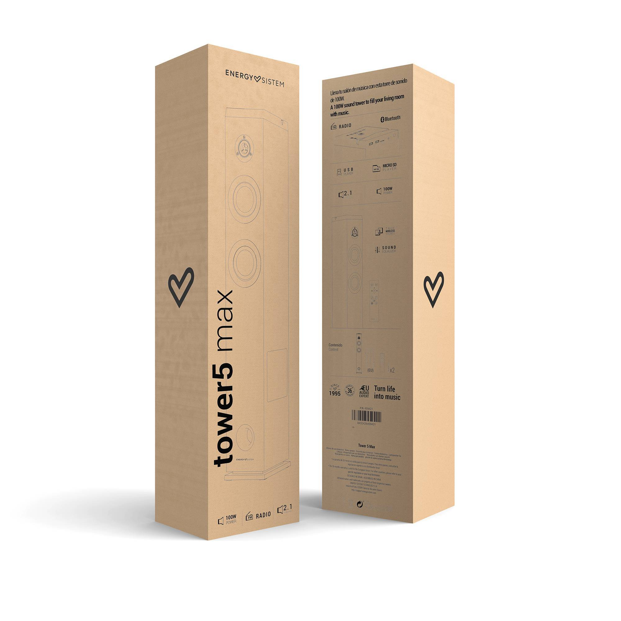 Dos cajas de cartón etiquetadas 'tower5 max' con texto e iconos de corazón.