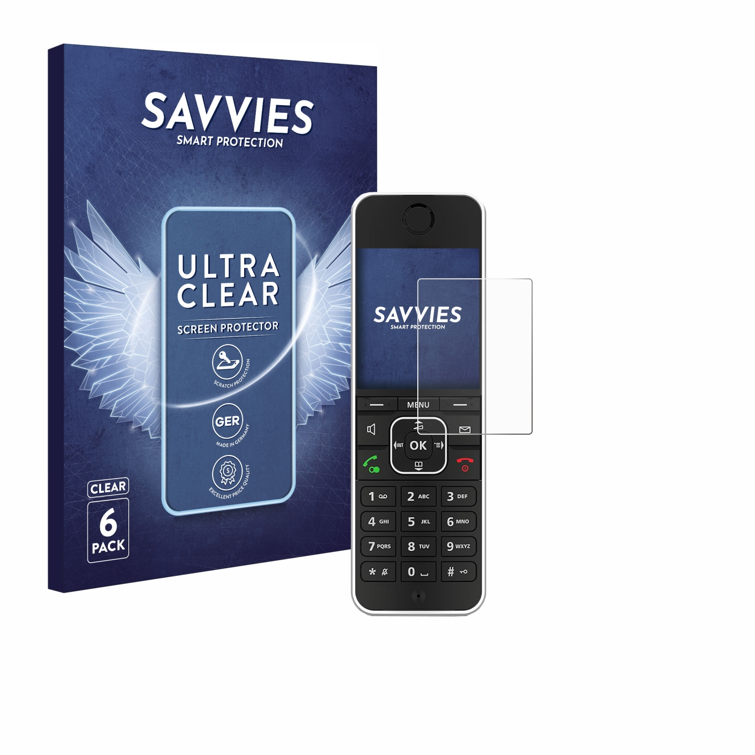 Ein Telefon und Displayschutz-Set in einer blauen Box, das Telefon hat einen klaren Schutz.
