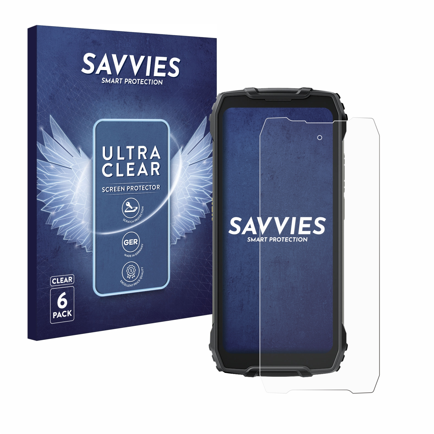Handy-Bildschirmschutzfolien-Packung. Klarer Schutz mit einem schwarzen Telefon, mit einem 6er-Pack-Logo.