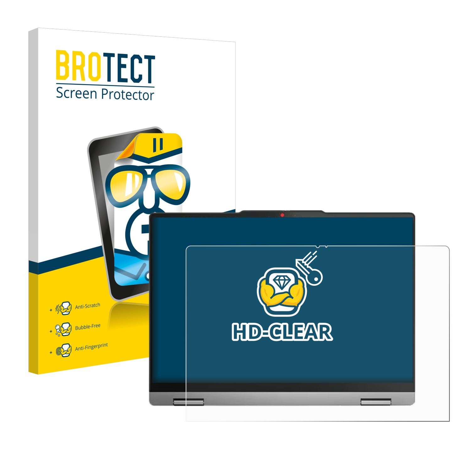 Ein Laptop mit Displayschutz und eine BROTECT Displayschutzbox.