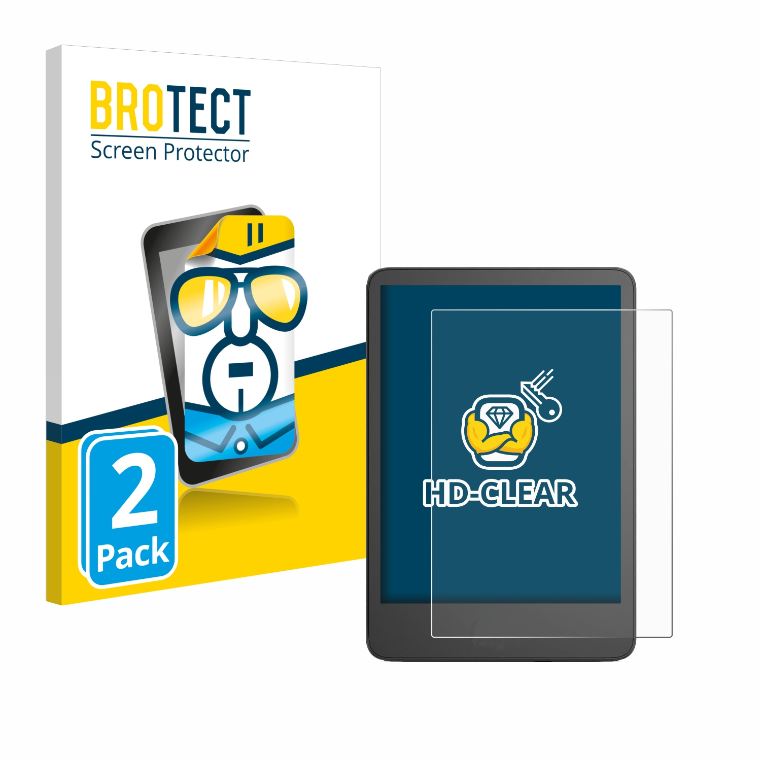 Tablet und Displayschutzfolienbox. Die Box hat Text 'BROTECT' und eine Handy-Grafik.