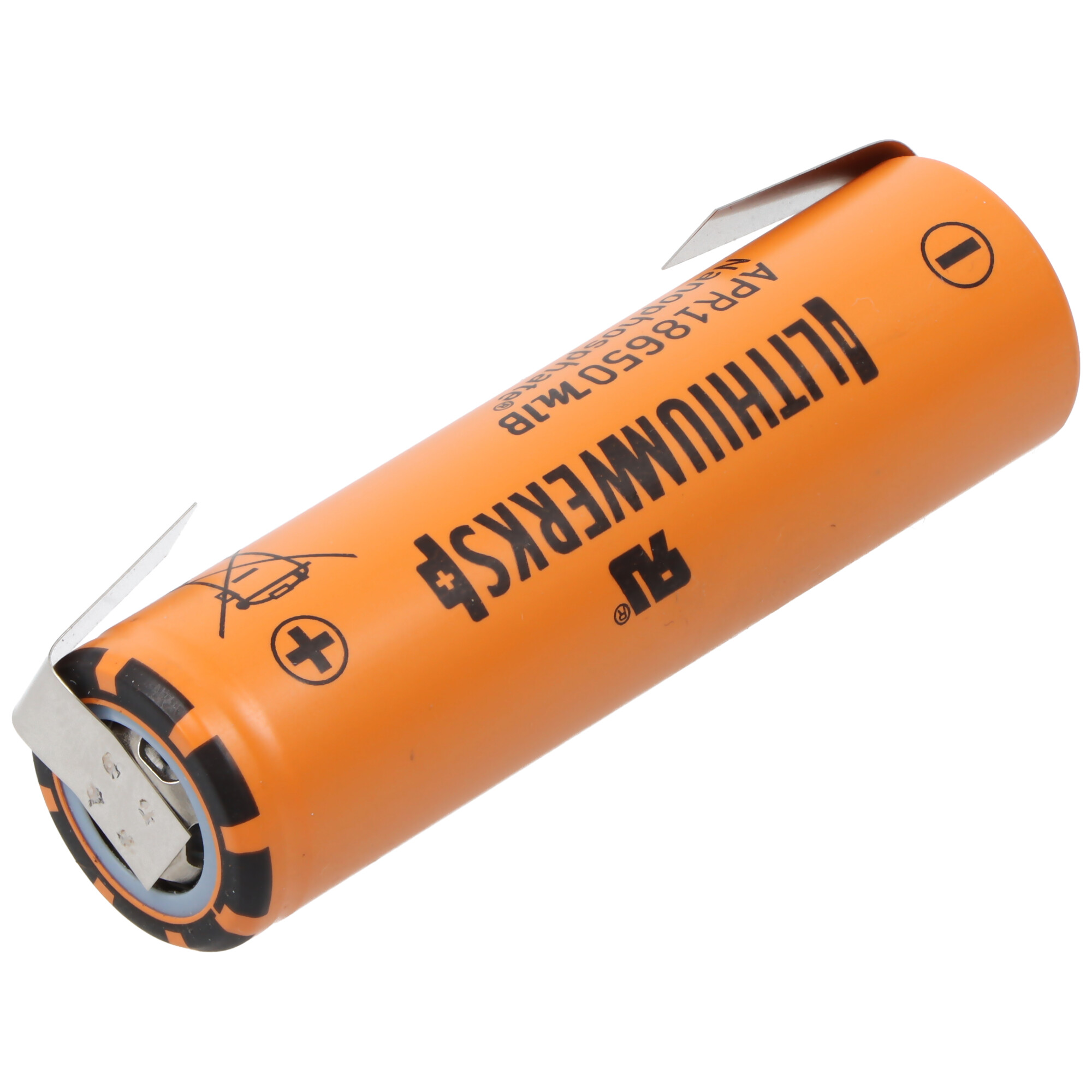 Eine orangefarbene 18650 Lithiumbatterie mit Plus- und Minusmarkierungen. Sie hat einen Metallclip auf einer Seite.