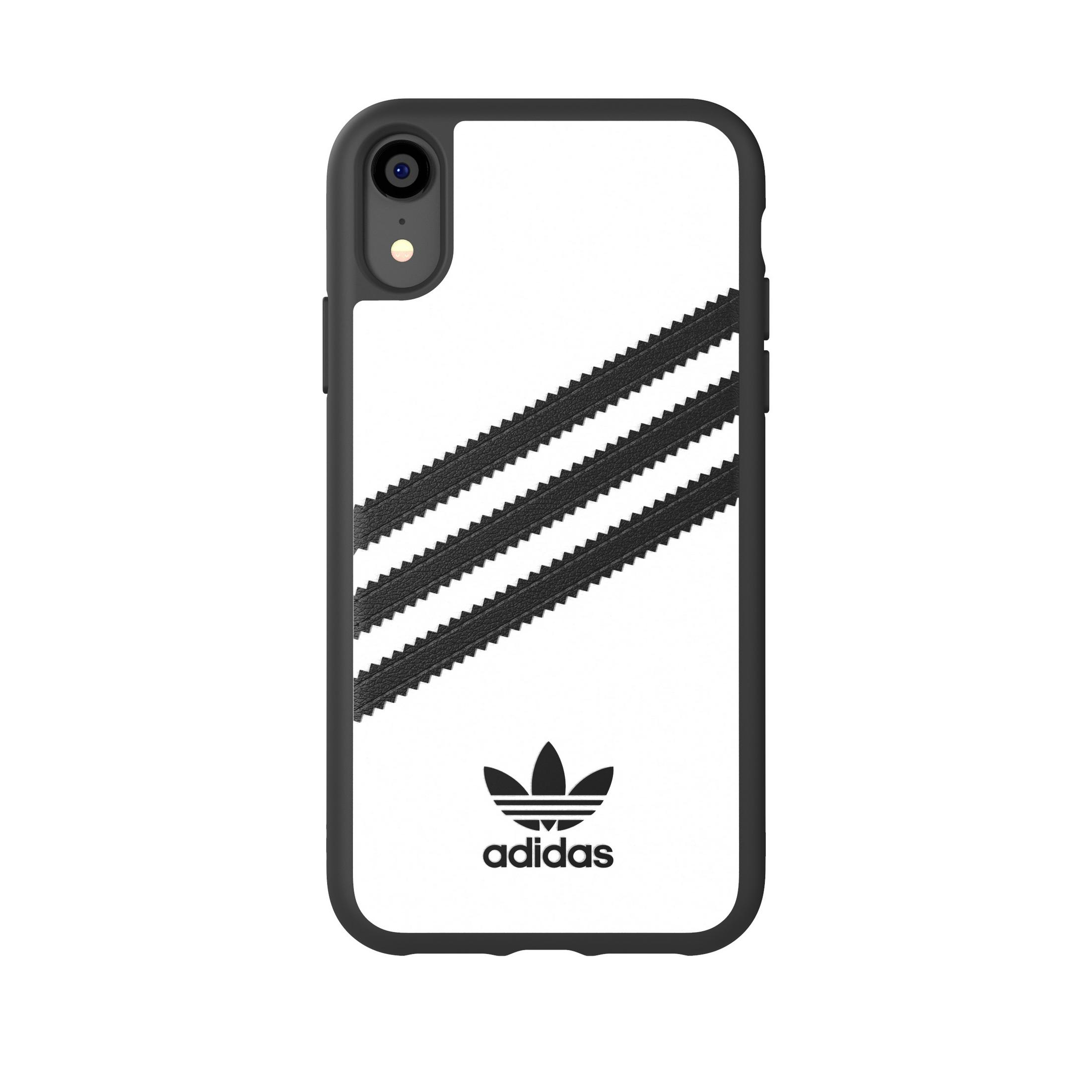 Weißes Handycase mit schwarzem Rand, Adidas Streifen und Logo.