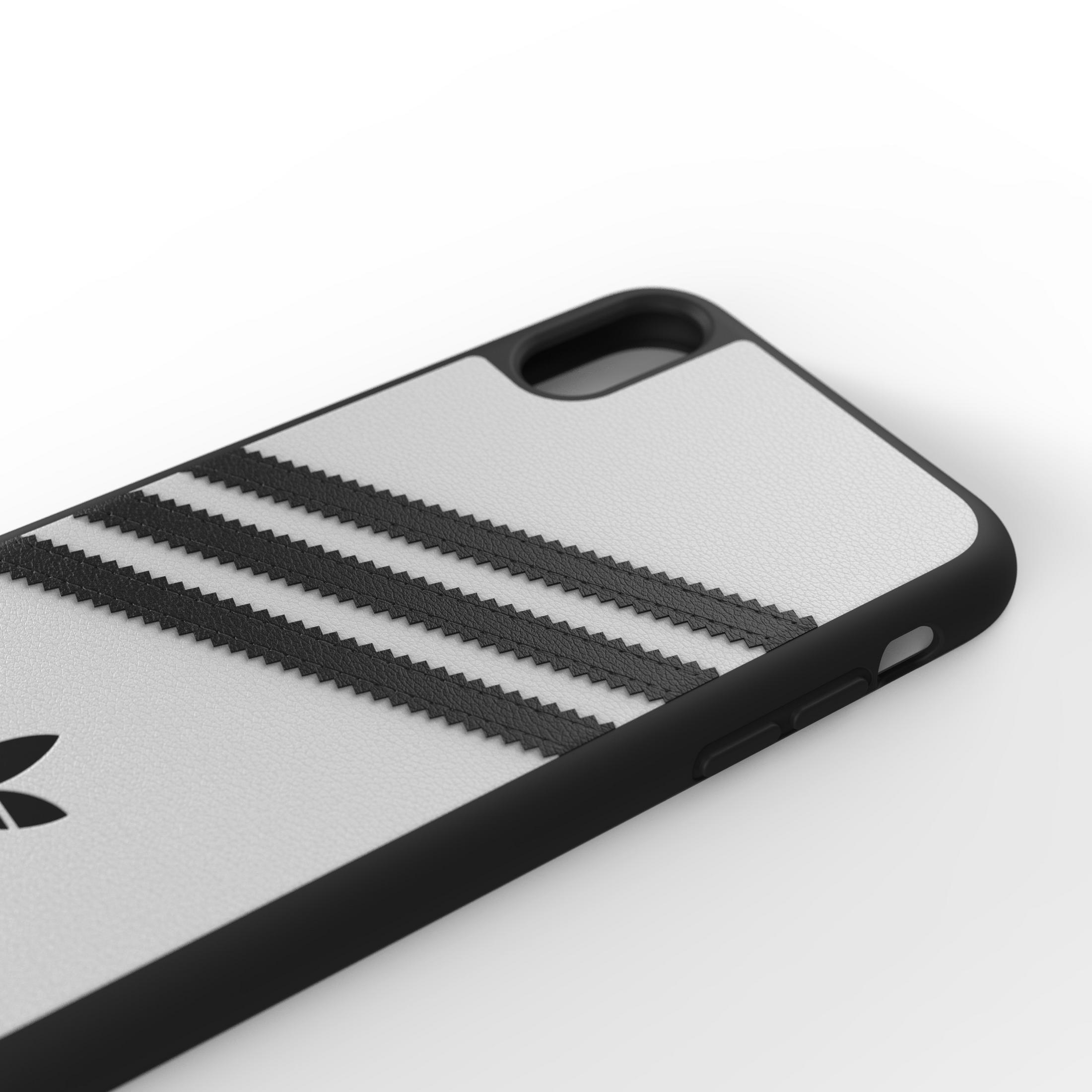 Eine Handyhülle mit dem Adidas-Logo auf weißem Grund und schwarzen Streifen.