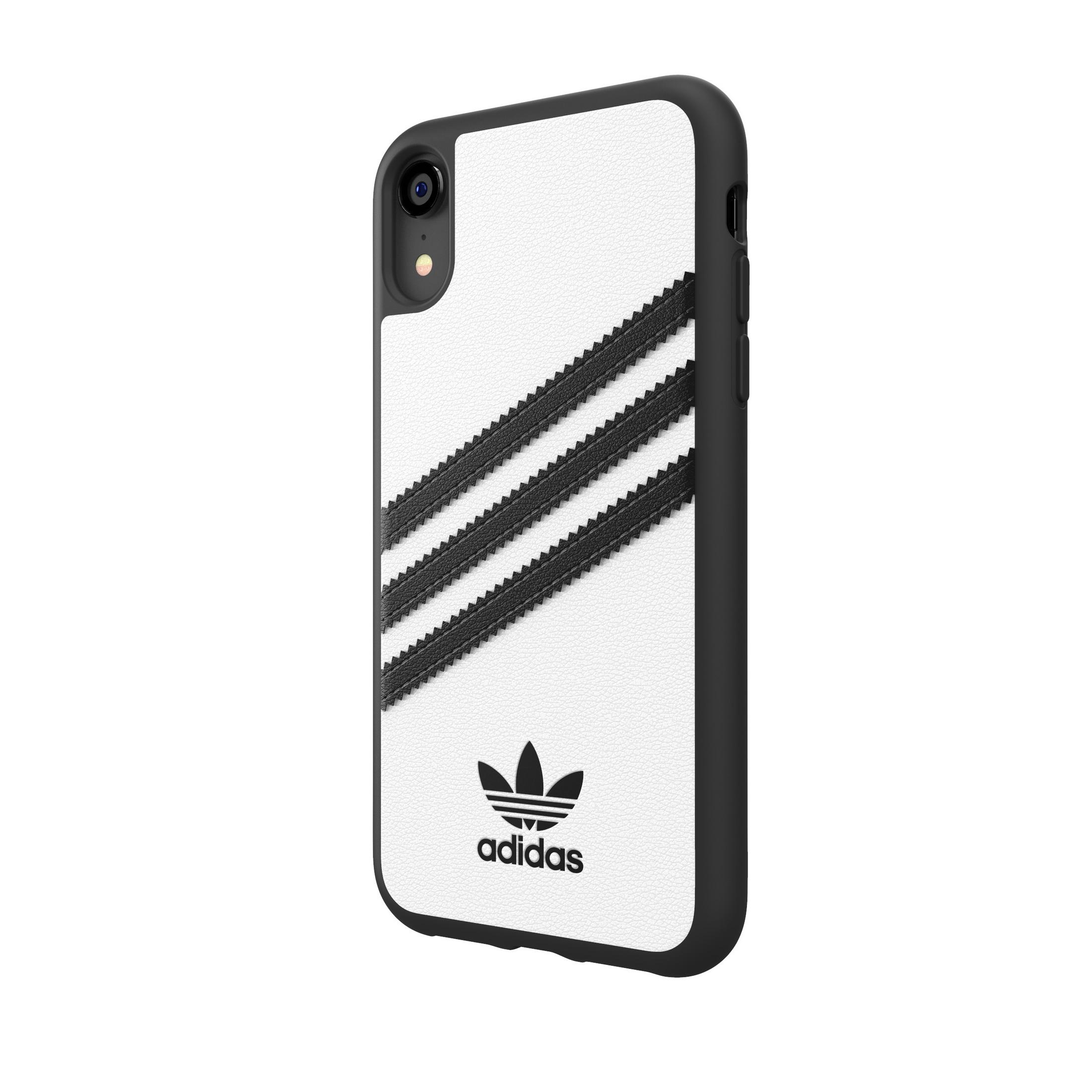 Eine weiße Handyhülle mit schwarzen Akzenten und dem Adidas-Logo.