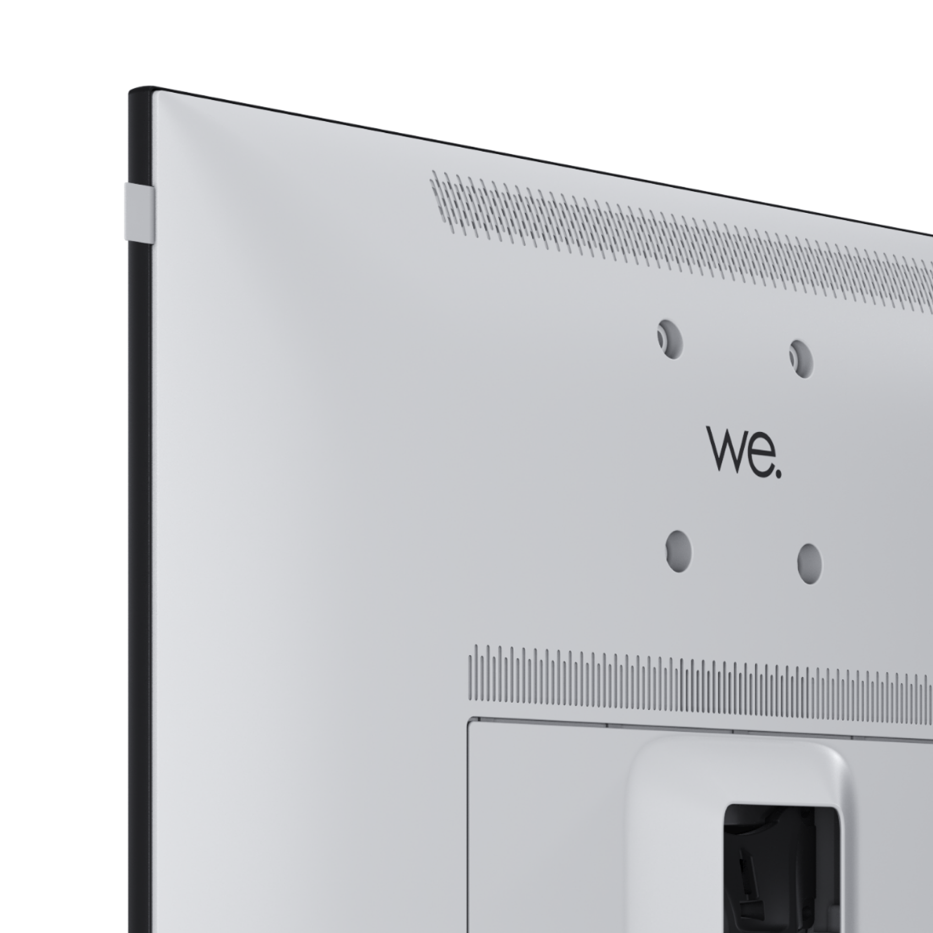 Tył szarego ekranu telewizora ze słowem "we." i otworami wentylacyjnymi, widok z rogu.