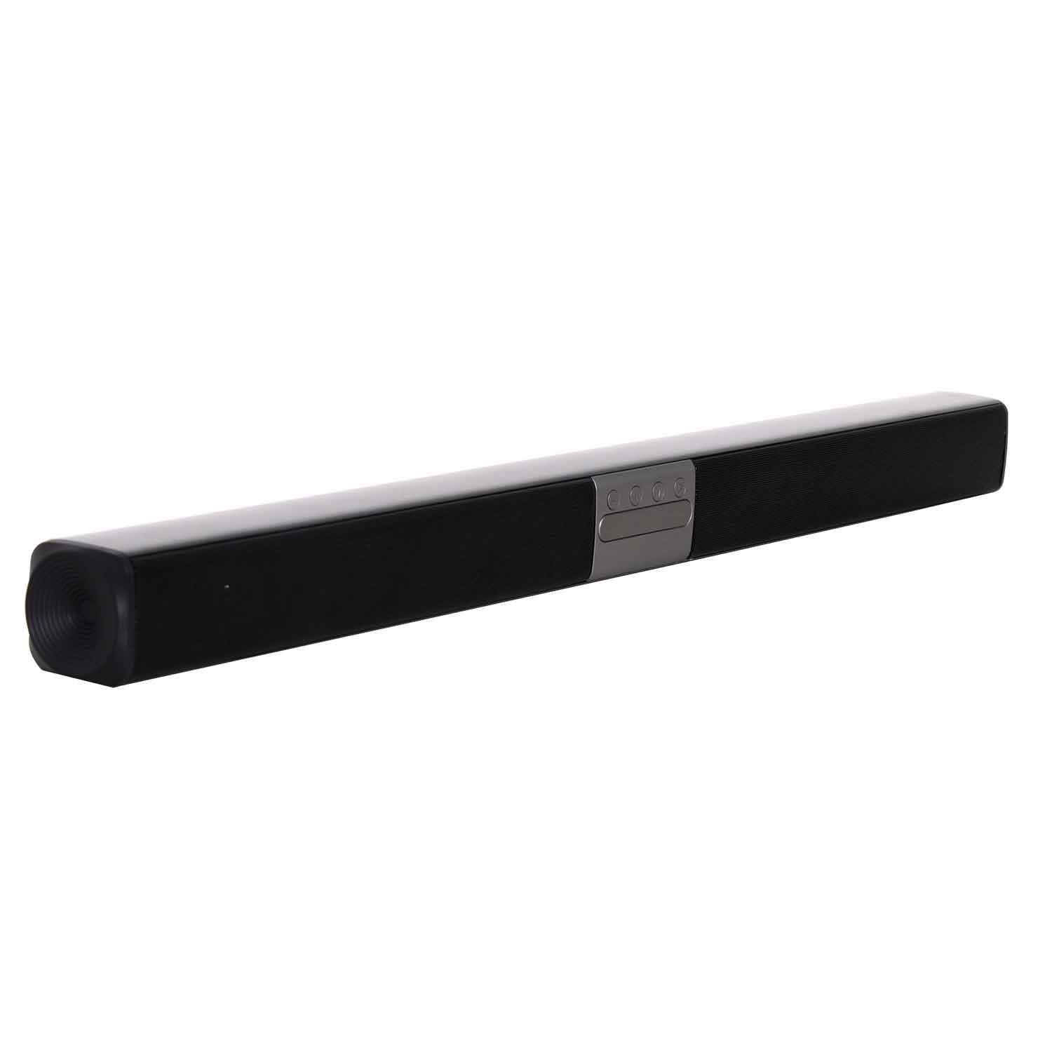 Schwarze Soundbar mit silberner Mitte. Knöpfe und Lautsprecher sichtbar. Weißer Hintergrund.