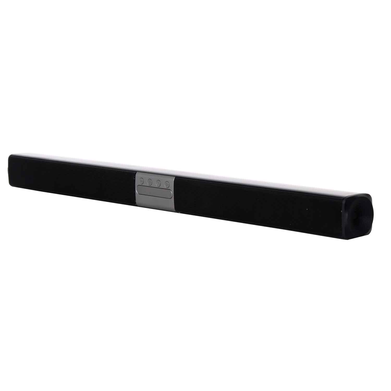 Eine lange, schwarze Soundbar. Sie hat silberne Bedienelemente in der Mitte.