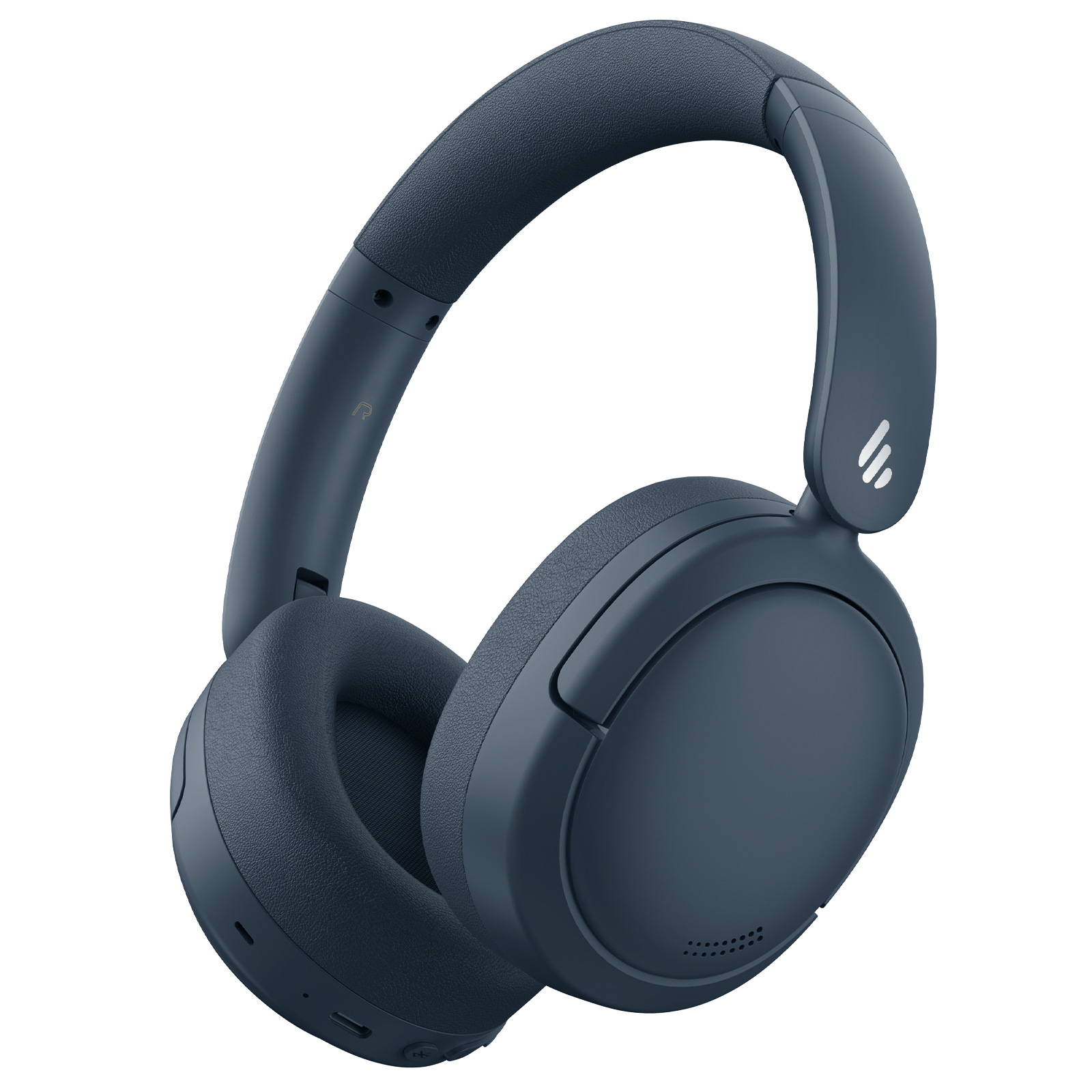 Blaue Kopfhörer auf weißem Hintergrund. Die Kopfhörer sind Over-Ear-Style und haben ein mattes Finish.