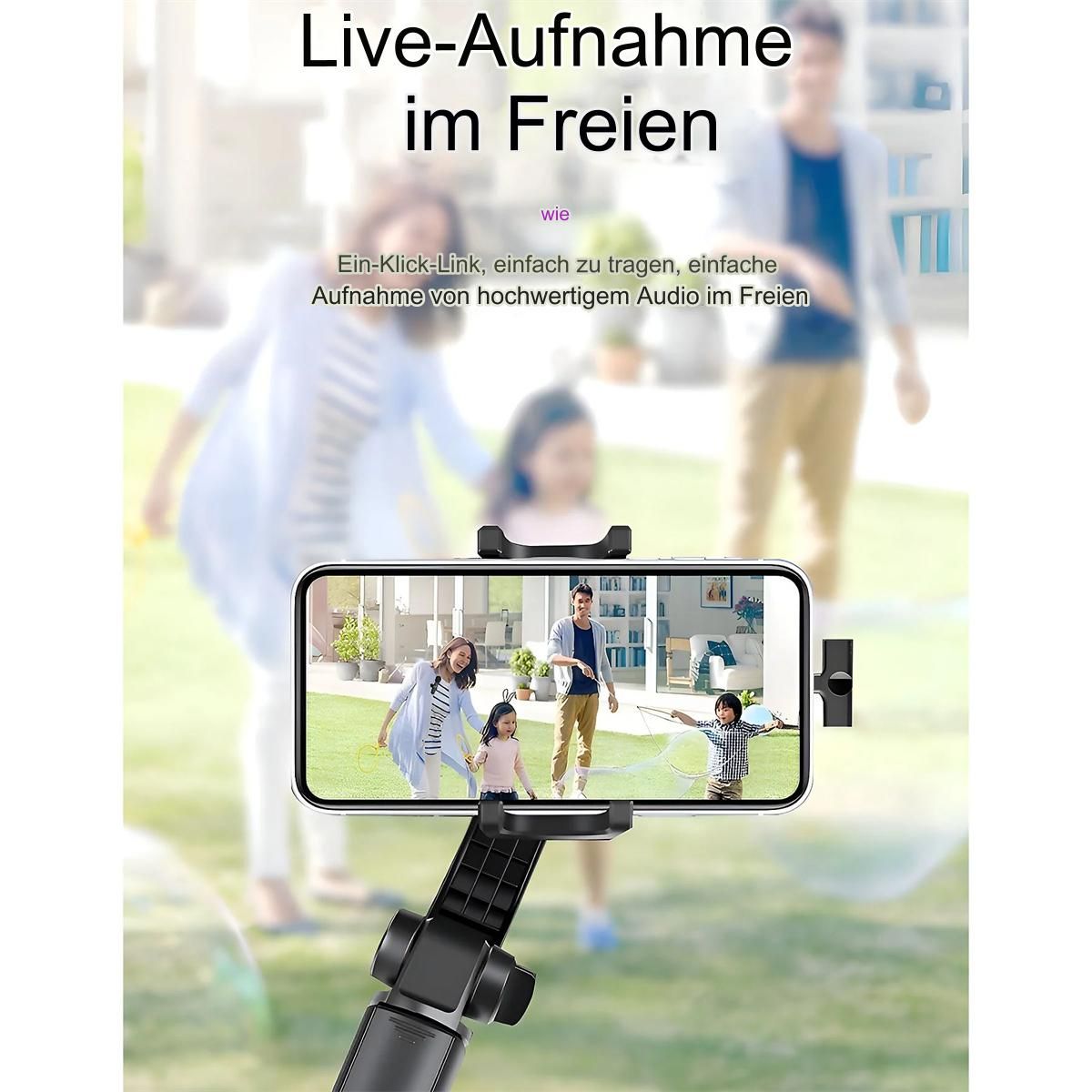 Ein Telefon filmt eine Familie, die mit Seifenblasen spielt. Ein Selfie-Stick ist sichtbar.