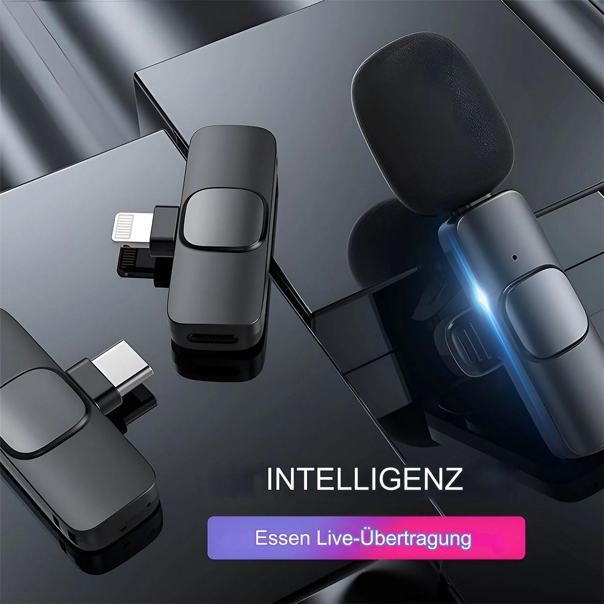 Zwei schwarze drahtlose Mikrofone mit USB- und Lightning-Anschlüssen und Text mit der Aufschrift 'INTELLIGENZ' und 'Essen Live-Übertragung'.