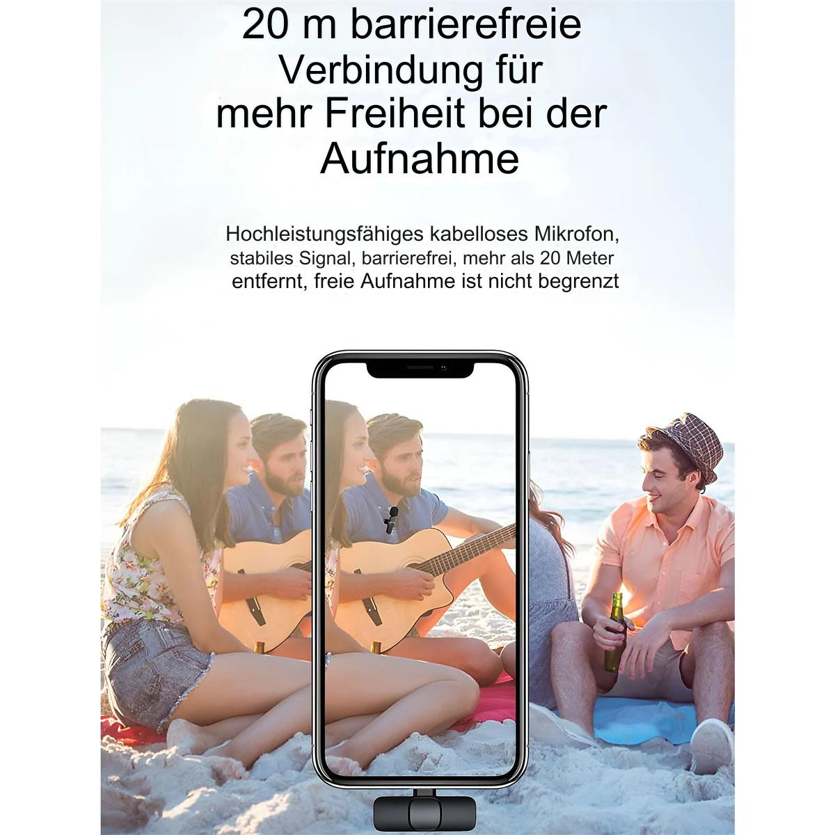 Telefon mit Personen, die darauf schauen, Text über 20 m Reichweite des drahtlosen Mikrofons.