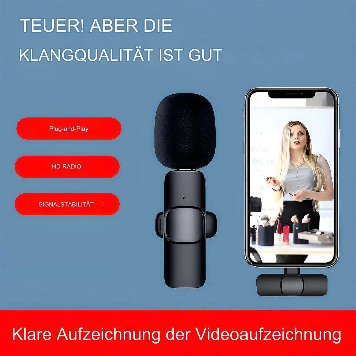 Ein schwarzes Mikrofon und ein Telefon mit einer präsentierenden Frau. Text: teuer, aber die Klangqualität ist gut.