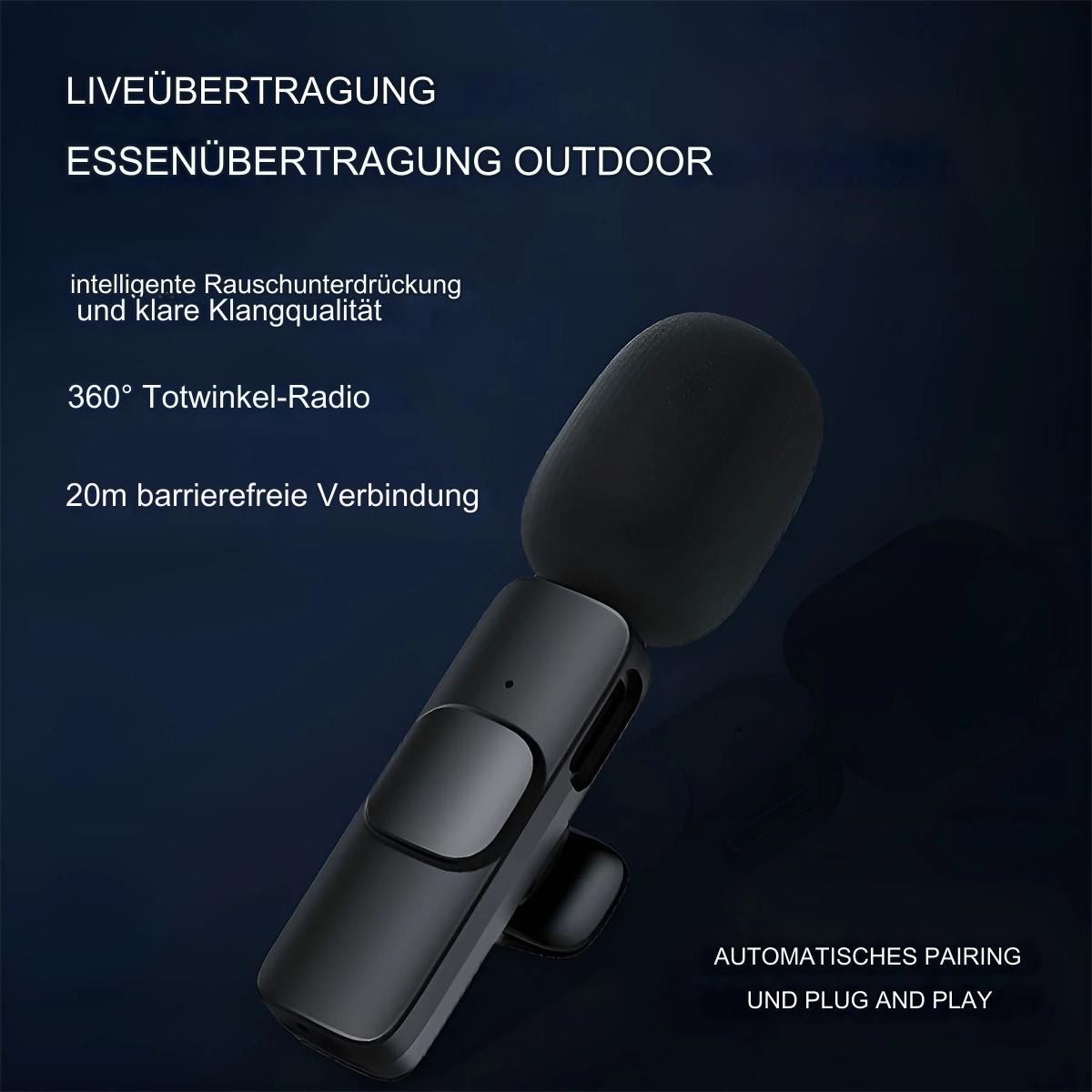 Ein schwarzes Mikrofon mit Schaumstoffabdeckung. Text auf Deutsch beschreibt Funktionen.