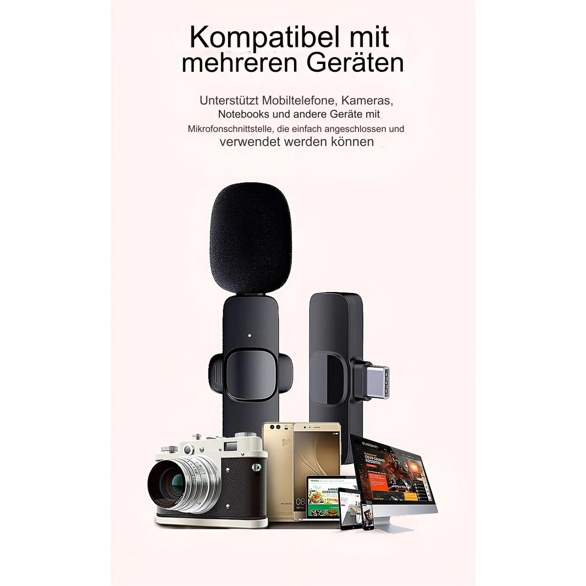 Ein drahtloses Mikrofonset mit Kamera, Telefon und anderen Geräten.