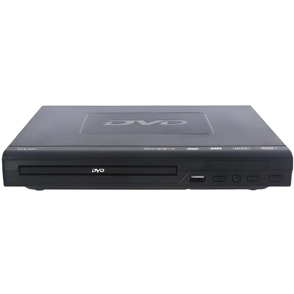 Schwarzer DVD-Player mit DVD-Logo in der Mitte.