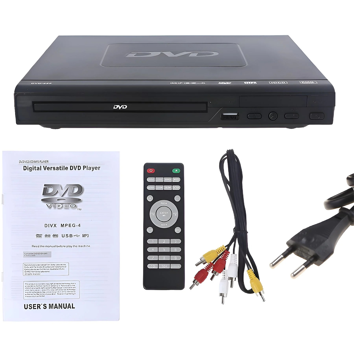 Schwarzer DVD-Player, Benutzerhandbuch, Fernbedienung und Kabel. Weißer Hintergrund.
