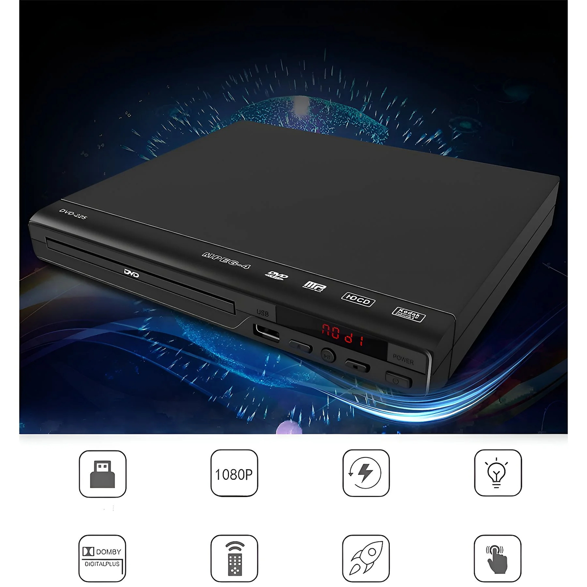 Schwarzer DVD-Player. Hat Knöpfe und einen USB-Anschluss. Der Hintergrund ist blau mit Symbolen unter dem Player.