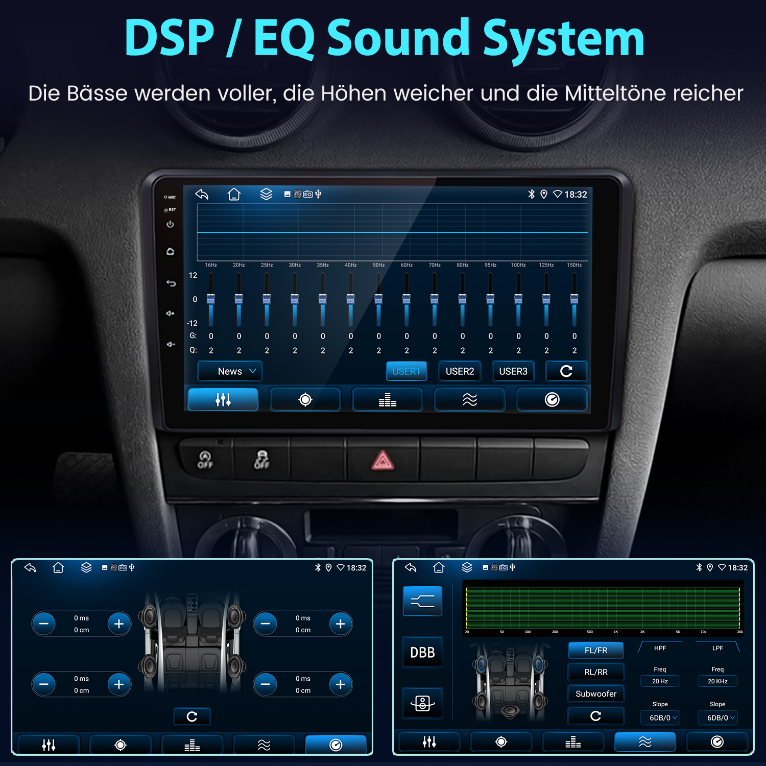 Ein Autoradio mit Display, das Audioeinstellungen zeigt. Der Bildschirm hat Equalizer- und Klangeinstellungen.