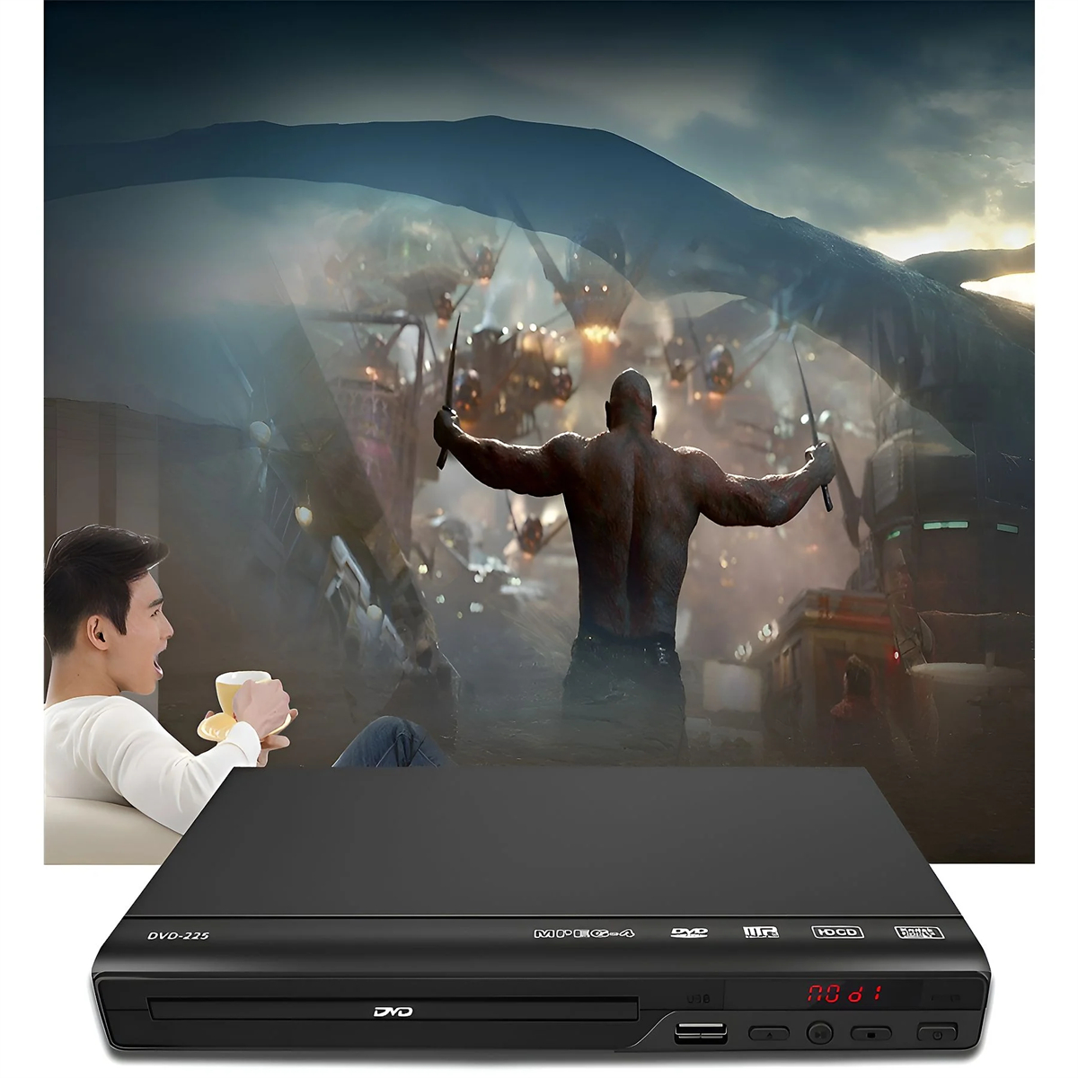 DVD-Player, der eine Filmszene mit einem Mann beim Fernsehen und einem Mann beim Kämpfen zeigt.