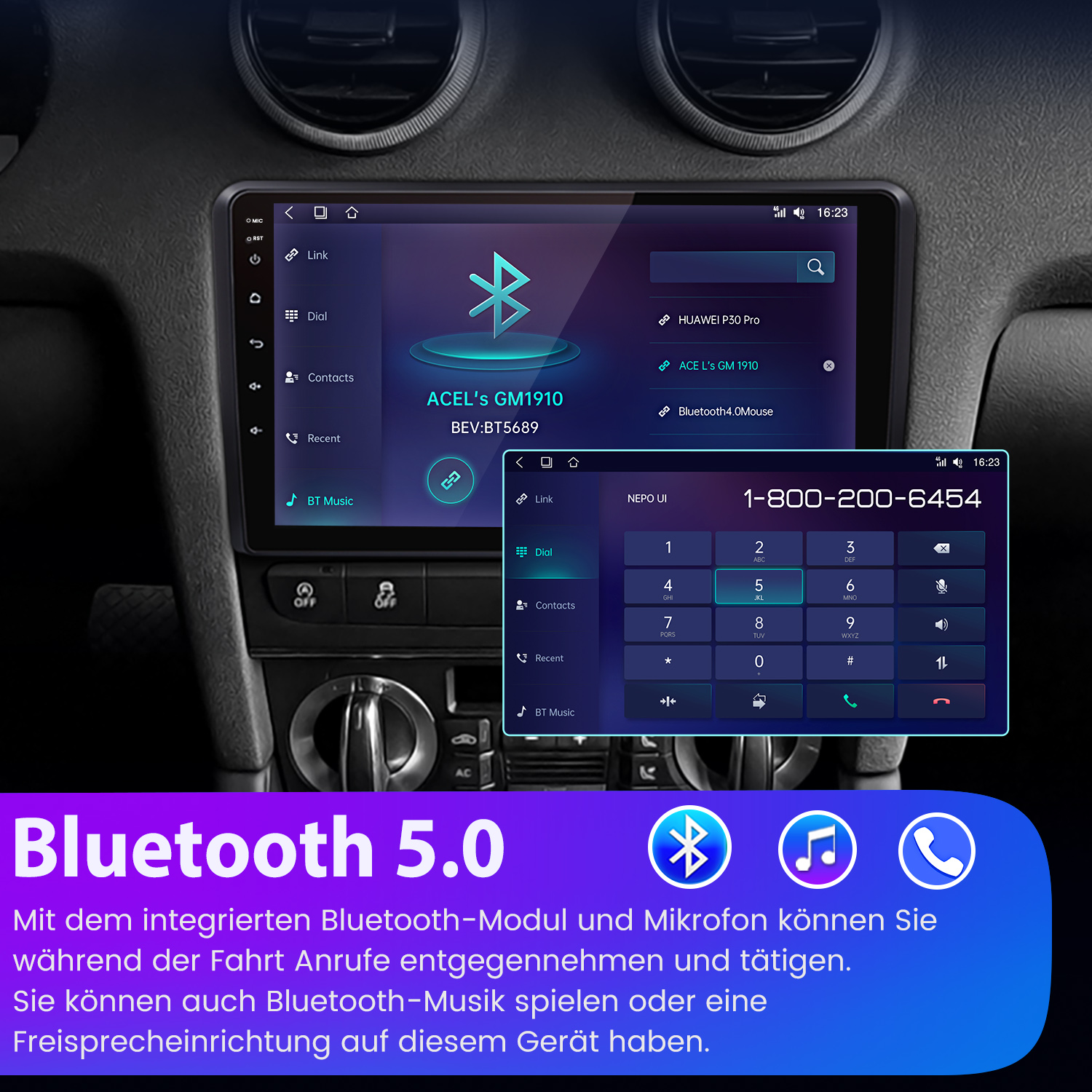 Autoradio-Bildschirm mit Wähltastatur und Bluetooth-Einstellungen. Hintergrund: Auto-Innenraum.