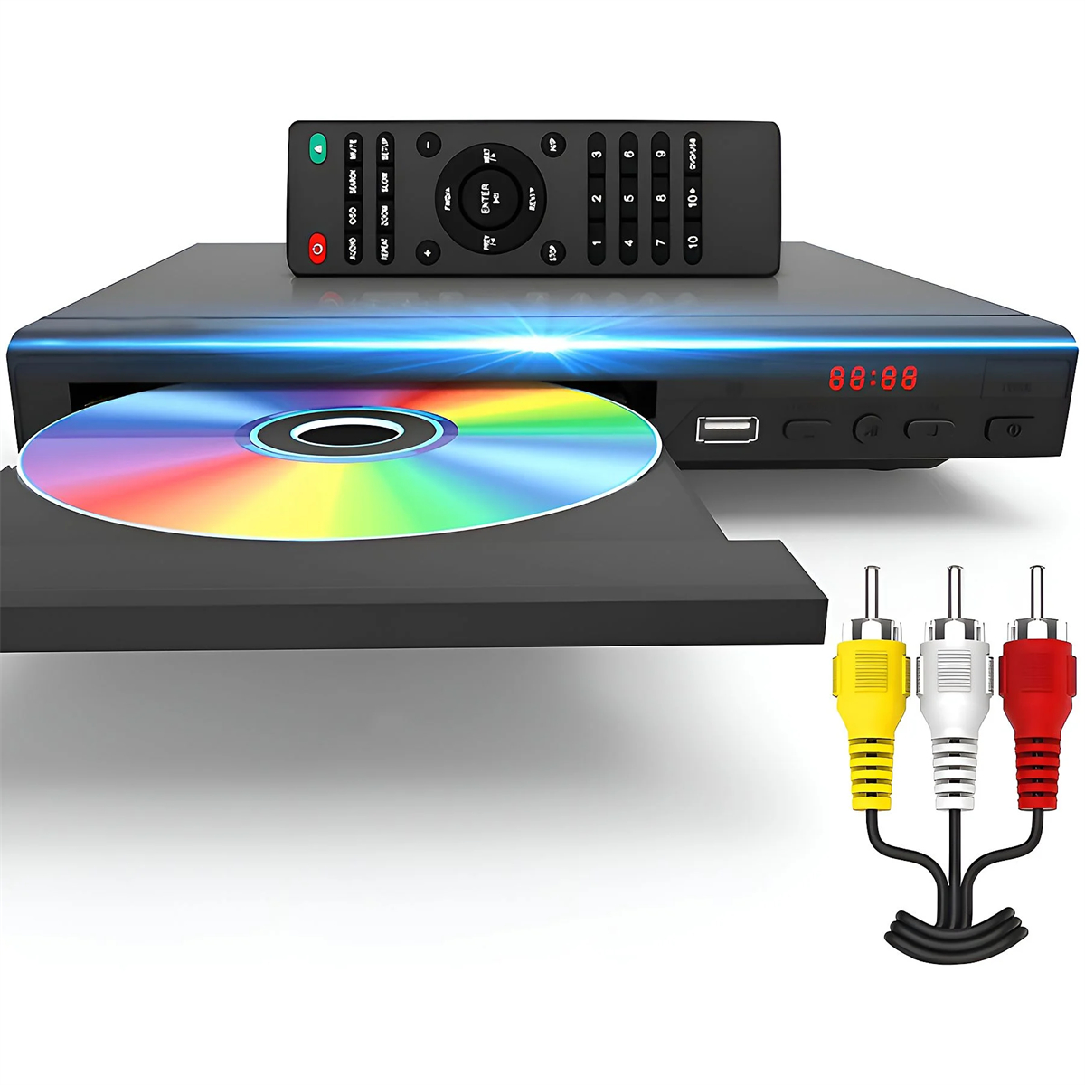 Ein schwarzer DVD-Player mit einer Disc, einer Fernbedienung und drei Audiokabeln.