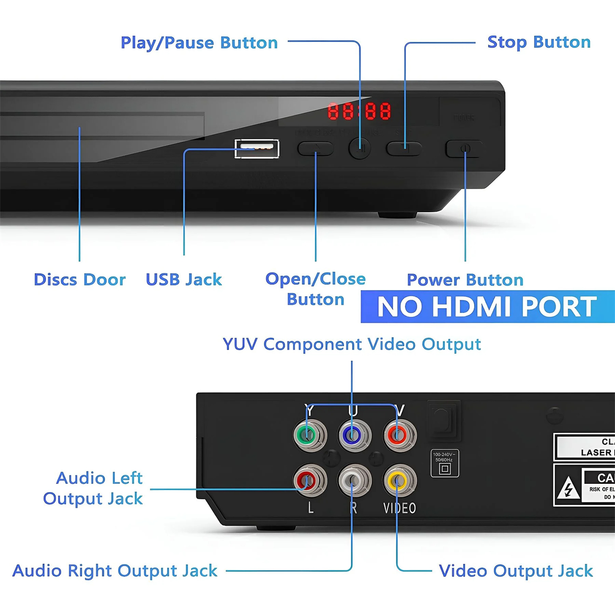 Ein schwarzer DVD-Player mit Knöpfen, Anschlüssen und einer roten Digitalanzeige.