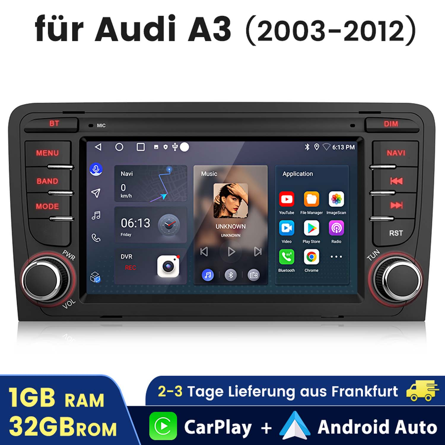 Radio samochodowe do Audi A3. Pokazuje ekran z aplikacjami muzycznymi i nawigacyjnymi.
