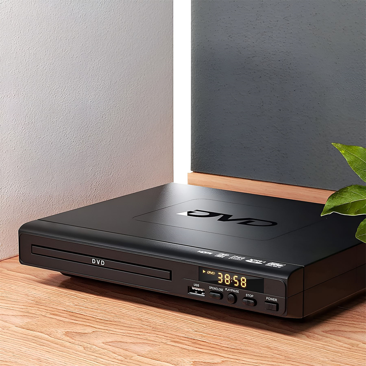 Ein schwarzer DVD-Player auf einer Holzoberfläche. Das Display zeigt die Uhrzeit an. Der Hintergrund ist eine weiße und dunkelgraue Wand.