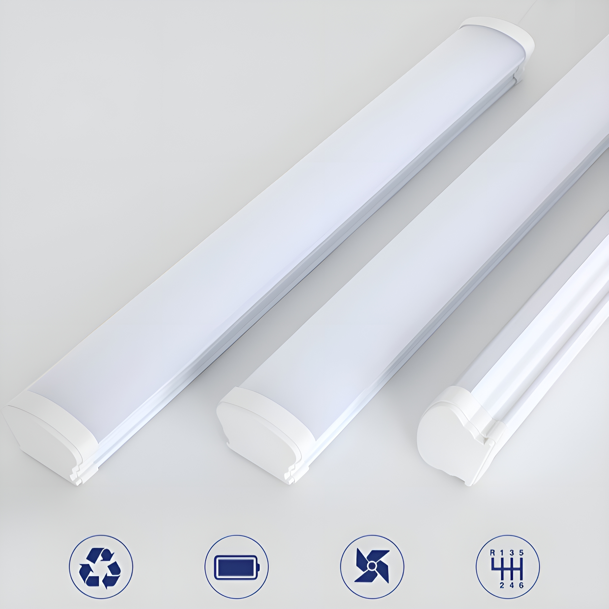 Drei weiße LED-Lichtleisten mit Recycling-, Batterie-, Lüfter- und Getriebesymbolen unten.