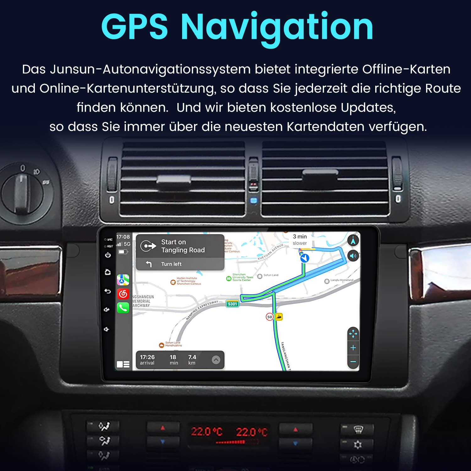 Deska rozdzielcza samochodu z ekranem nawigacji GPS wyświetlającym mapę i wskazówki.