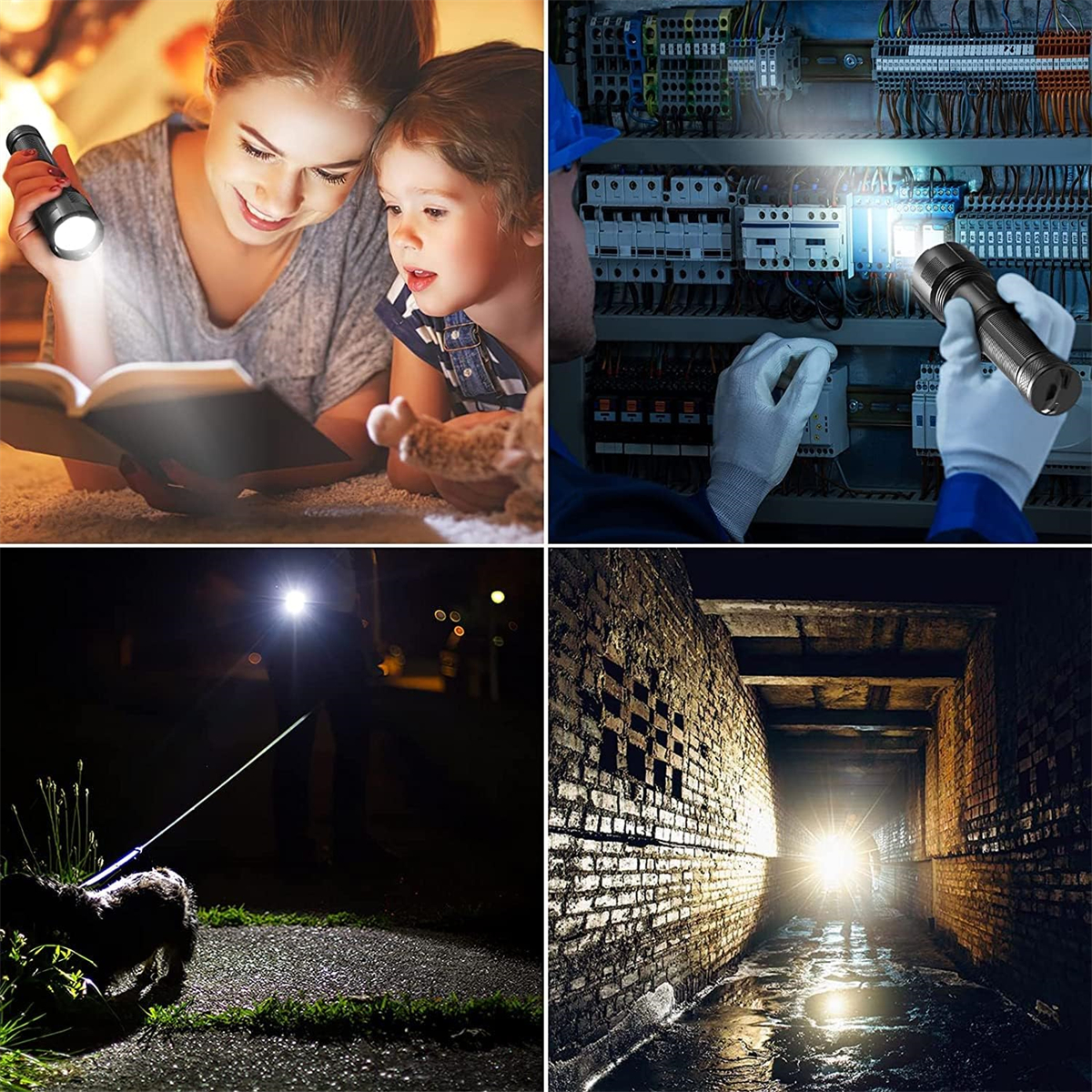 Vier Bilder: eine Frau mit Kind, ein Elektriker, ein Hund und ein Tunnel, alle mit Taschenlampen.